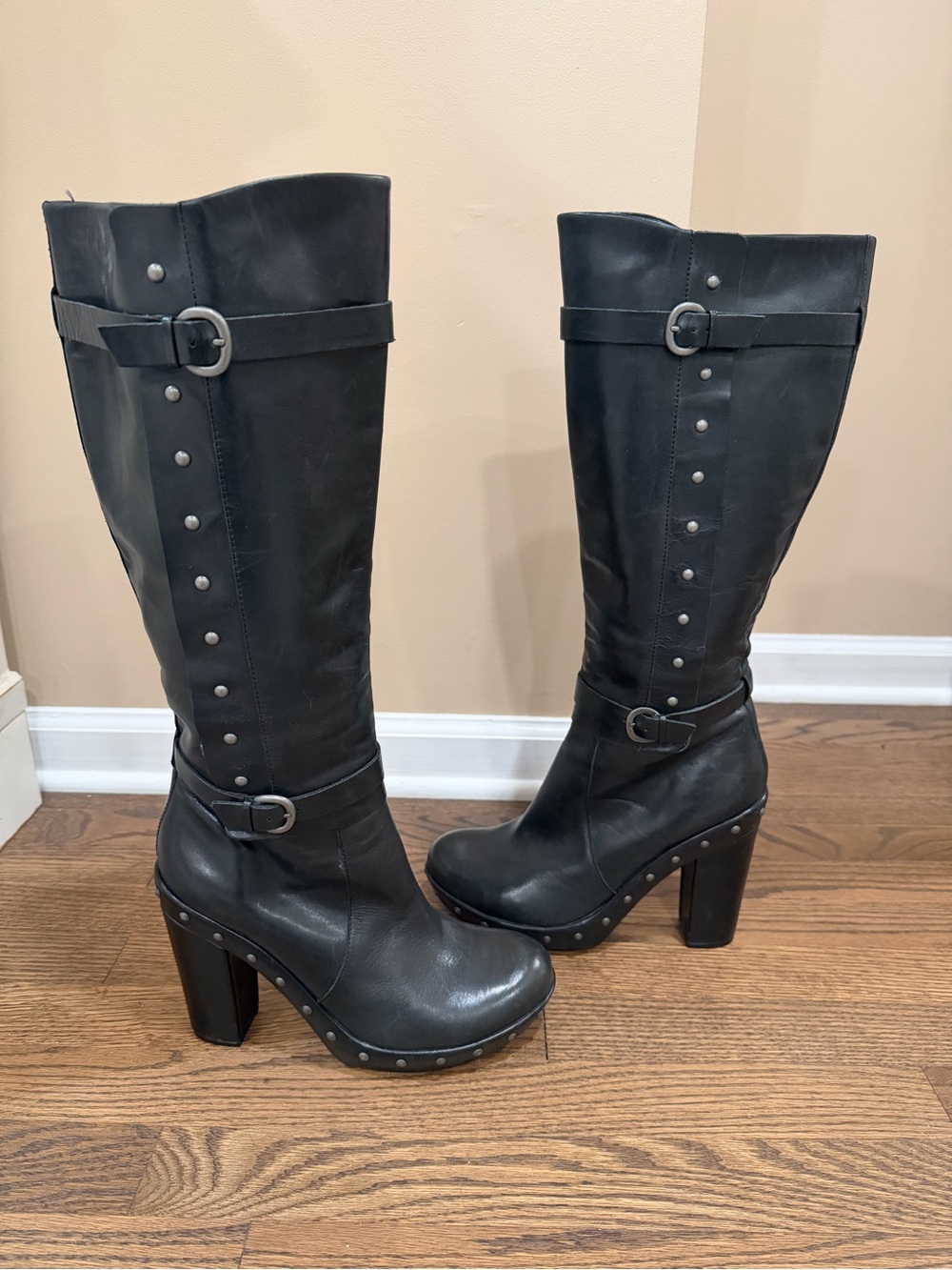 Kork-Ease Black Studded Leather High-Heel Knee Boots